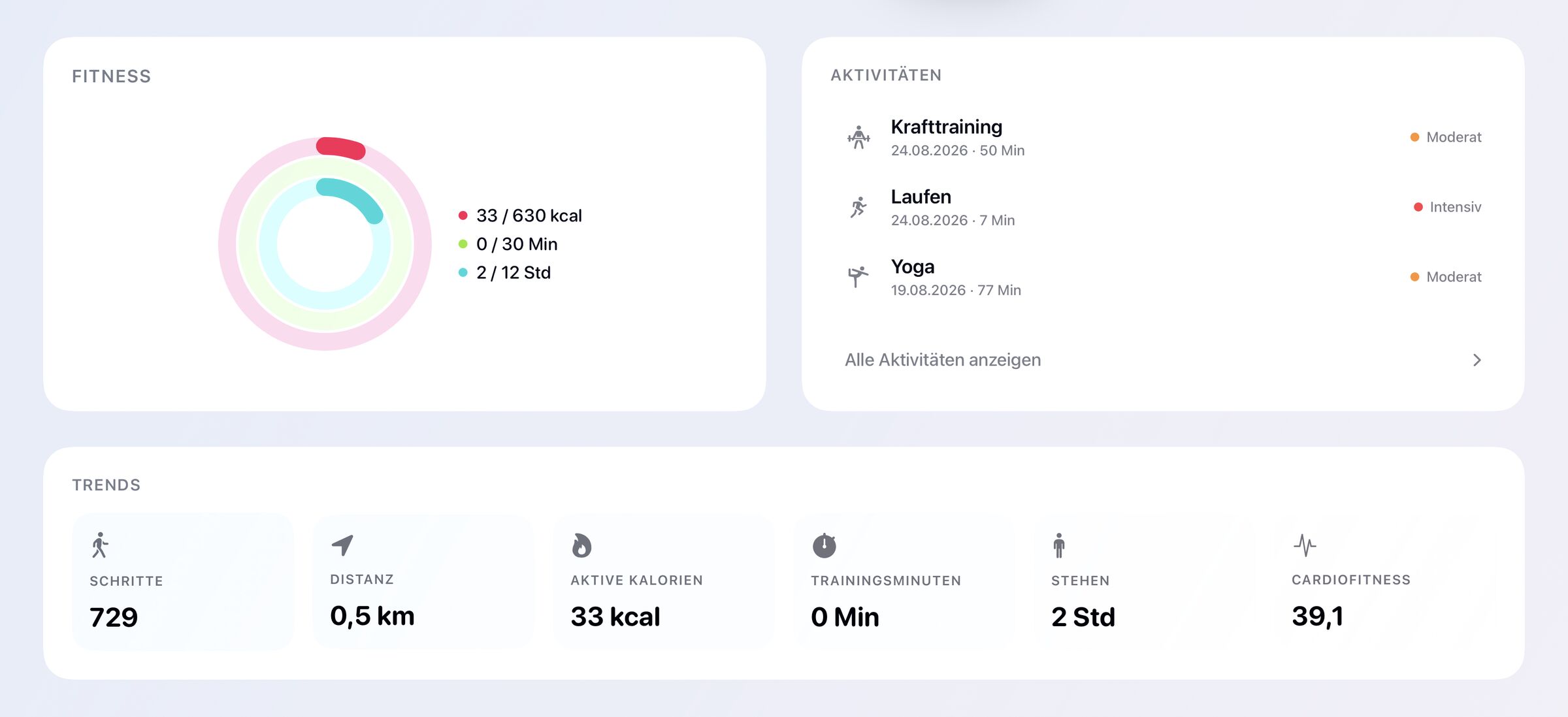 Fitness-Ansicht mit Aktivitätsringen, letzten Aktivitäten und Trends