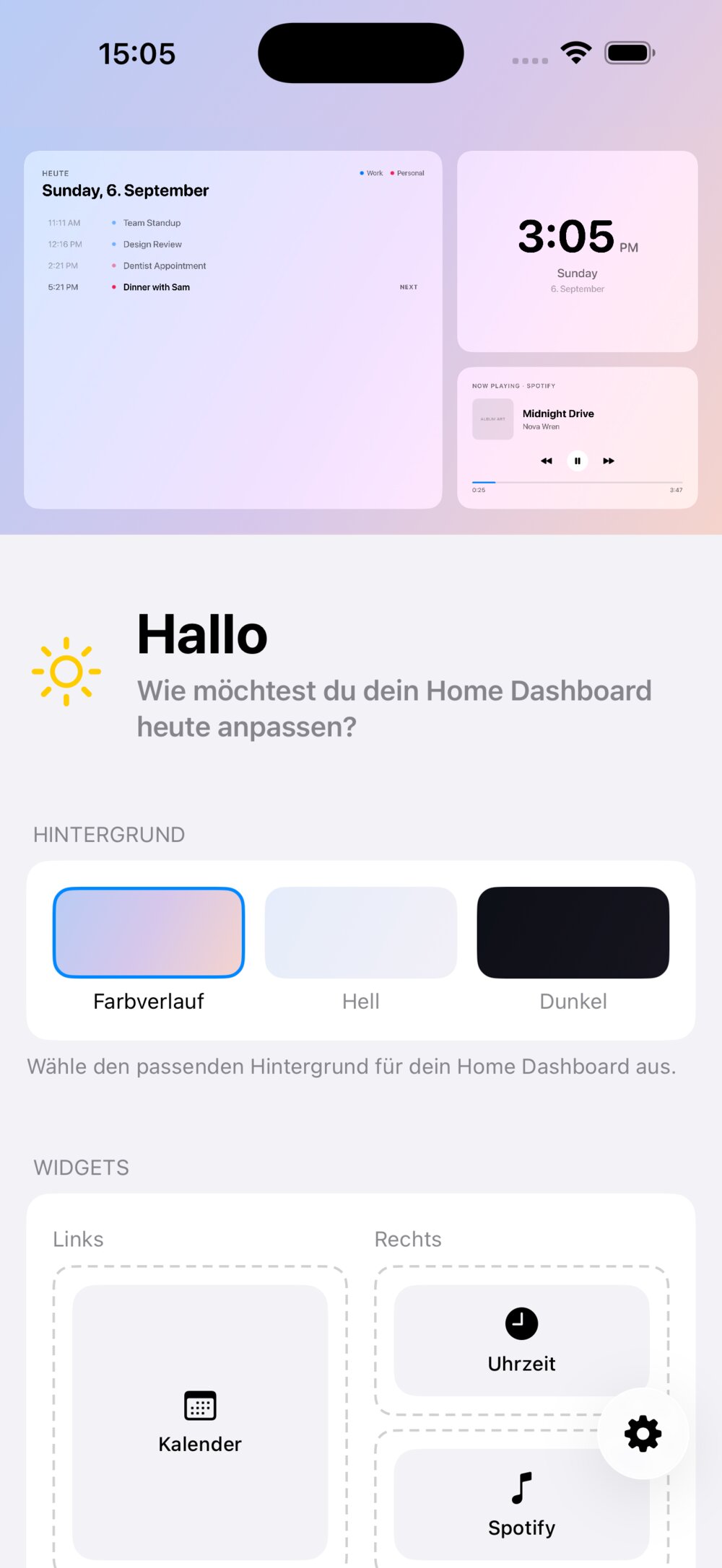 Dashboard Setup am iPhone: Live-Vorschau, Hintergrundwahl und Widget-Anordnung