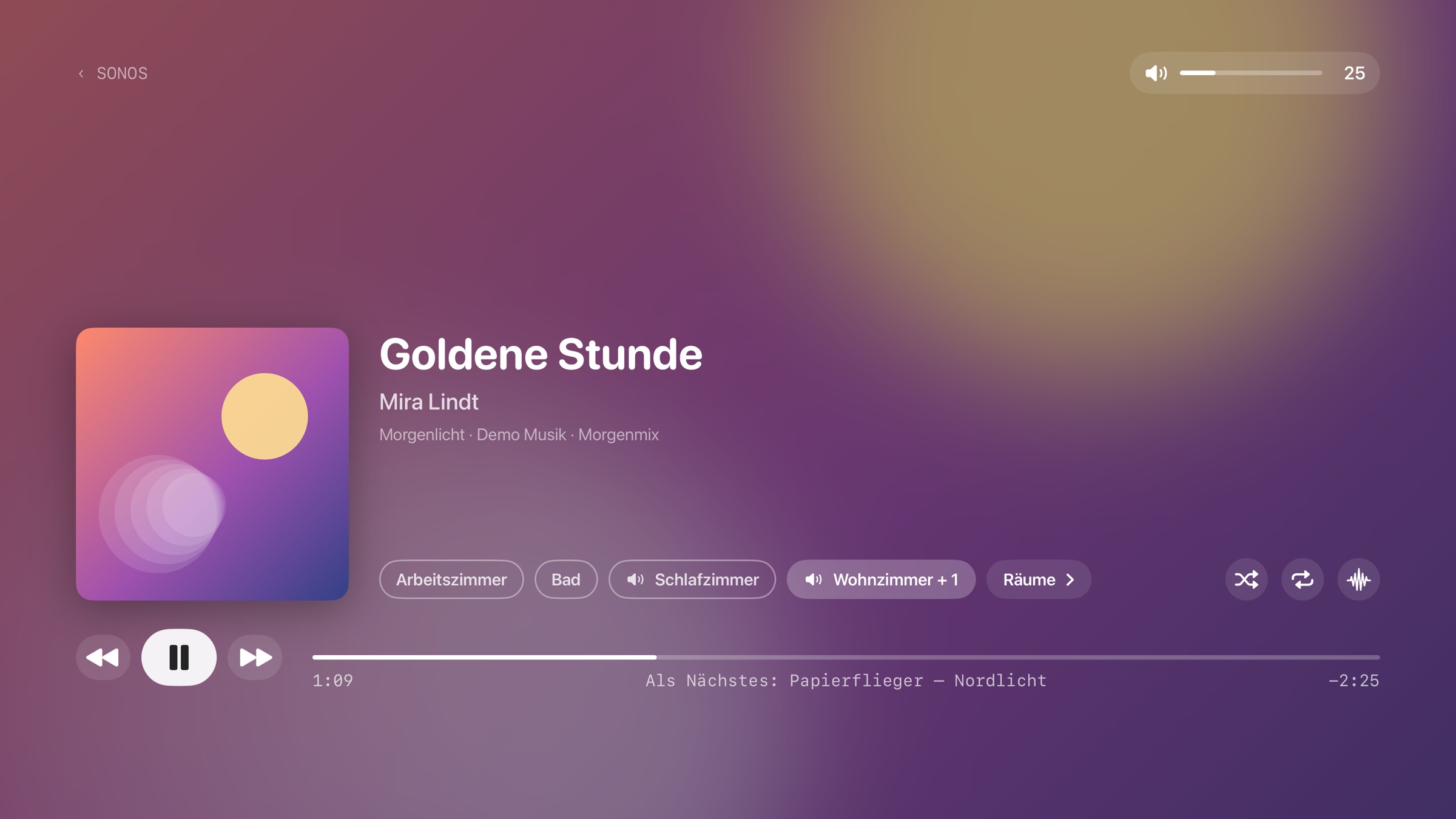 Vollbild-Player mit Cover, Titel, Räumen, Lautstärke und Fortschritt