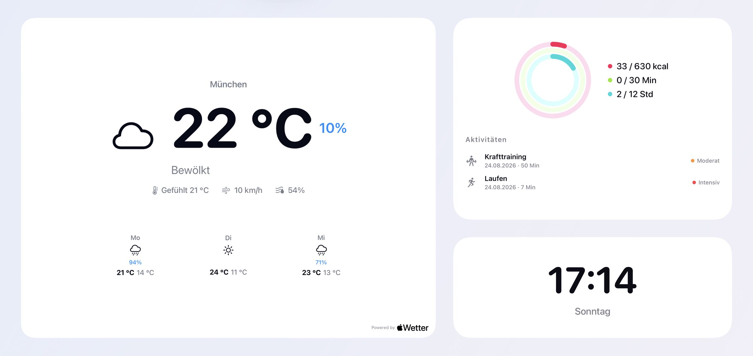 Startansicht mit großem Wetter-Widget, Fitness-Ringen und Uhrzeit