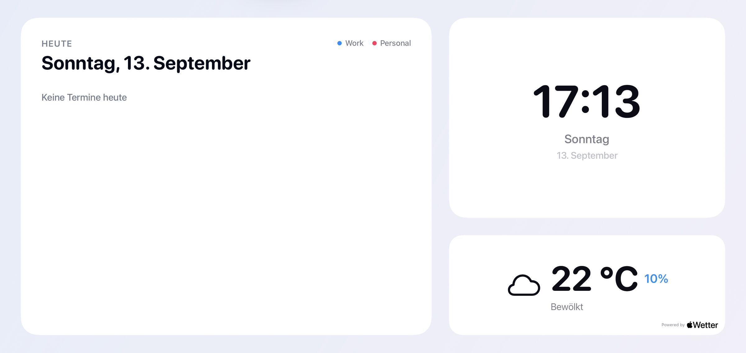 Startansicht mit großem Kalender, Uhrzeit und Wetter